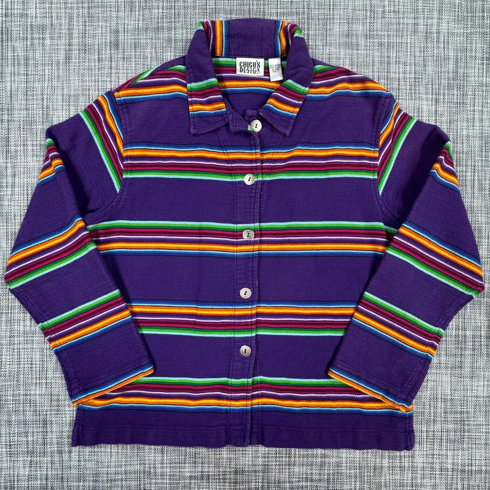 Chico's Design 2 US12 Large Shirt Jacket Purple Rainbow Striped Cotton Button